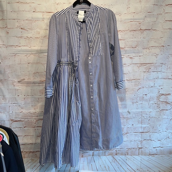 MaxMara weekend Dress striped cotton 4 stand up collar blue white belted pockets - Picture 3 of 16